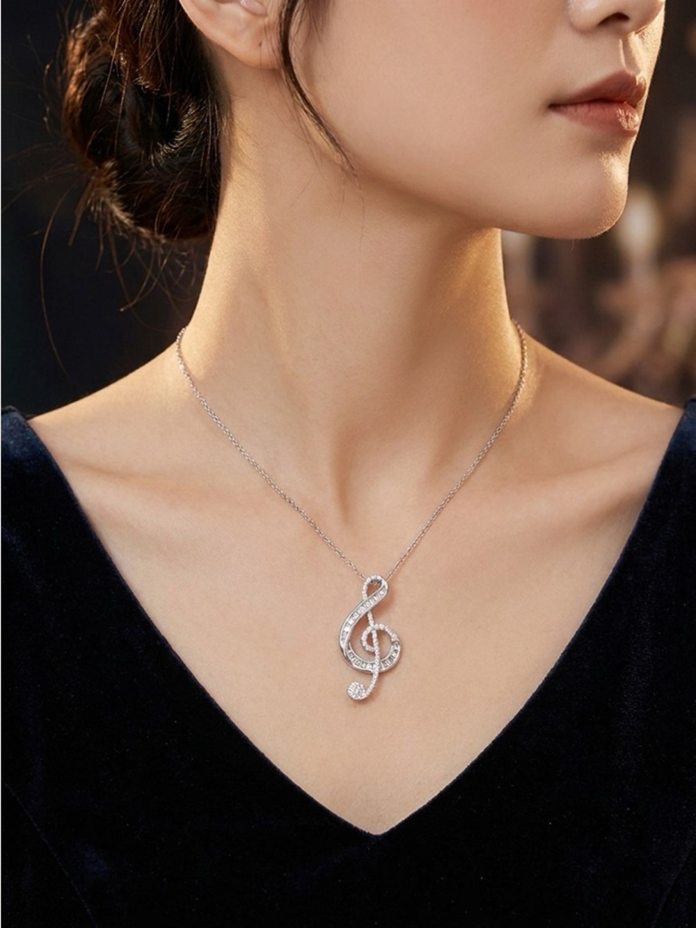 Anthropologie Silver Treble Clef Crystal Pendant Necklace